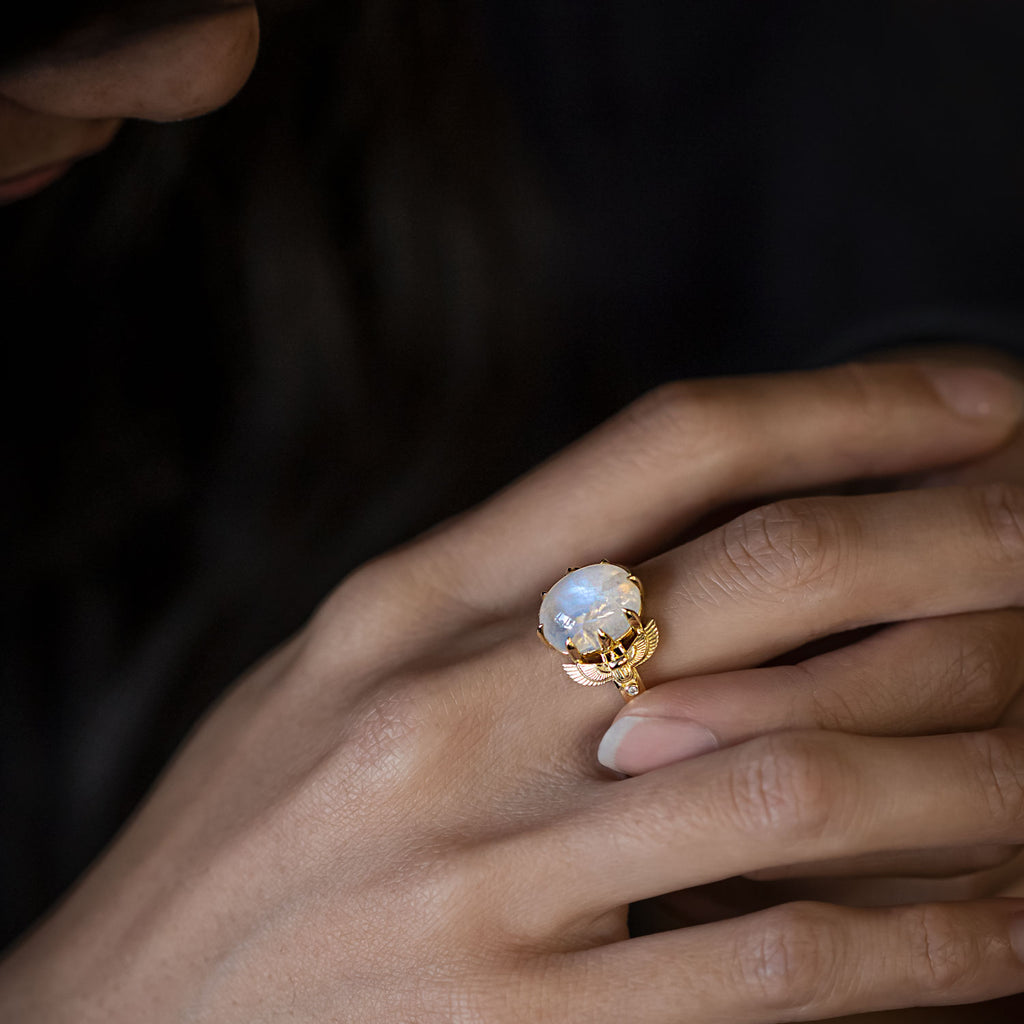 4.98 carat Rainbow Moonstone Scarab ring with Diamonds in 9 carat Gold