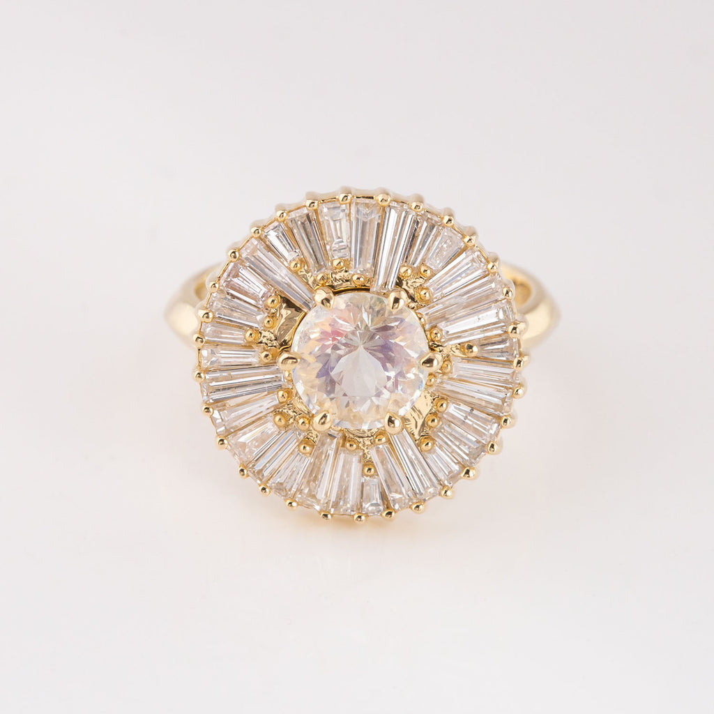 Renaissance Ruffle ring with Diamonds and Rainbow Moonstone in 9 carat Gold