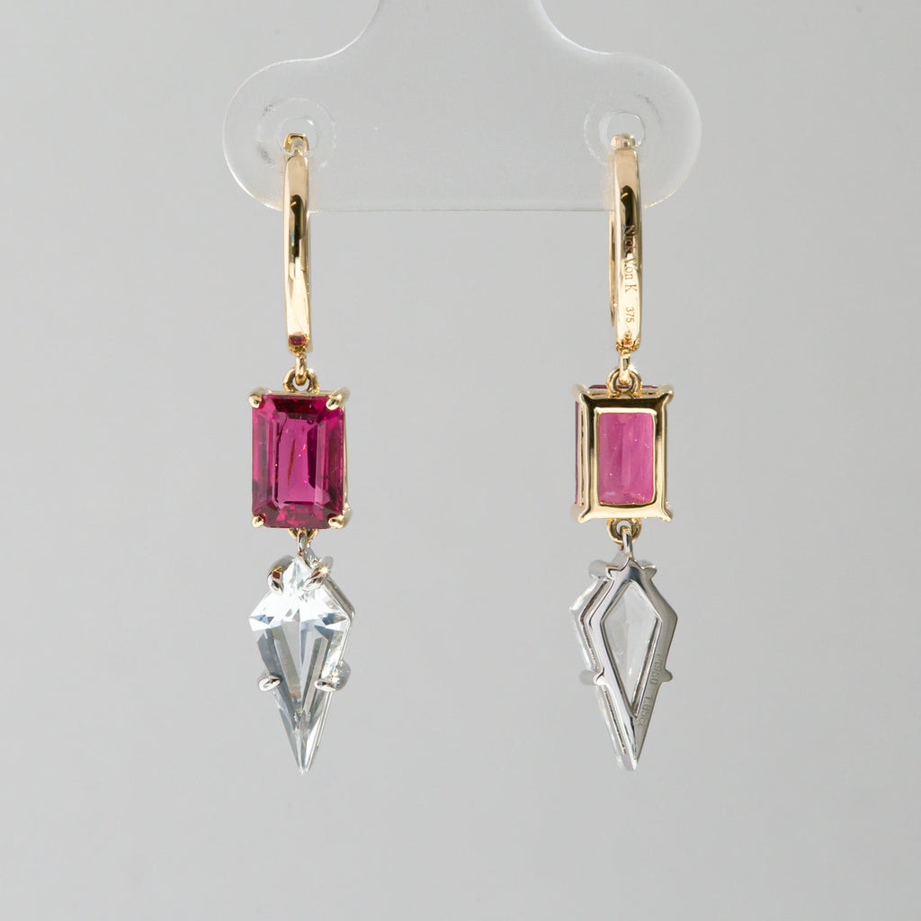 Dark Pink Tourmaline Crystal Palace earrings in 9 carat Yellow Gold and Platinum