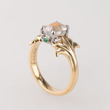 Peach Moonstone ring with Emeralds in 9 ct Gold and Platinum