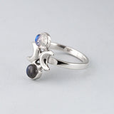 Moon Phase Ring in Sterling Silver with Labradorite and Rainbow Moonstone