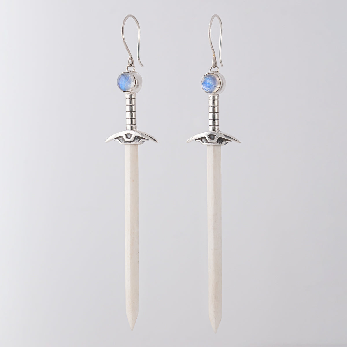 Rainbow Moonstone Sacred Blade Earrings carved in Moose Antler