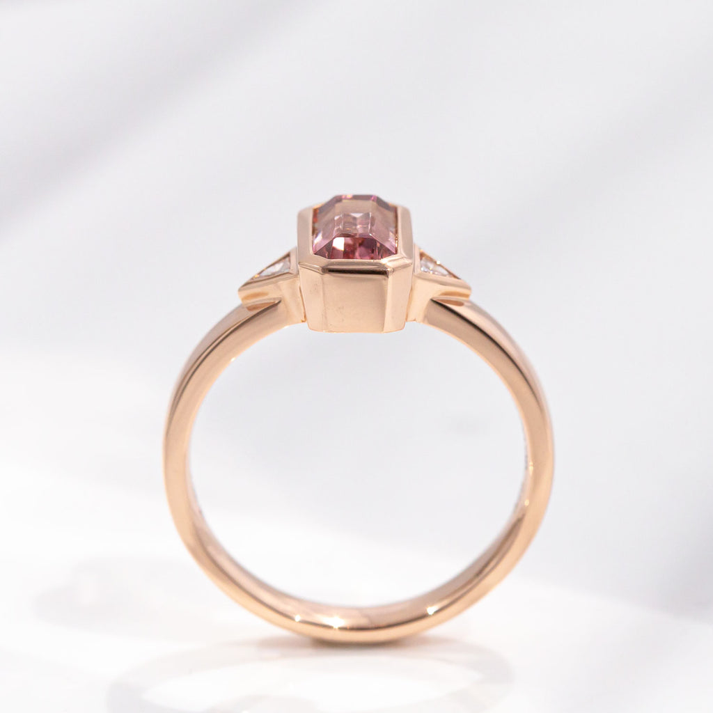Pink Fade Tourmaline Twin Trillion ring in 9 carat Pink Gold
