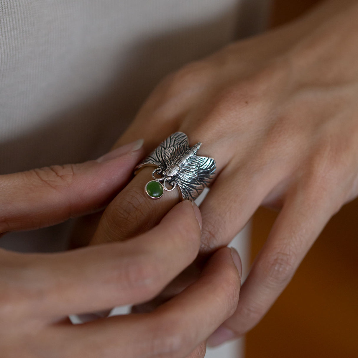 Puriri Moth ring with Pounamu in Sterling Silver