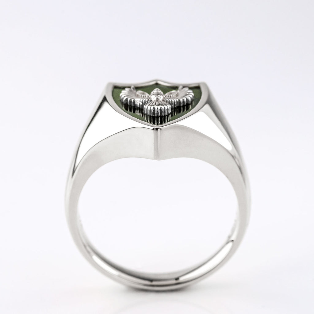 Pounamu Owl Crest Signet Ring in Sterling Silver