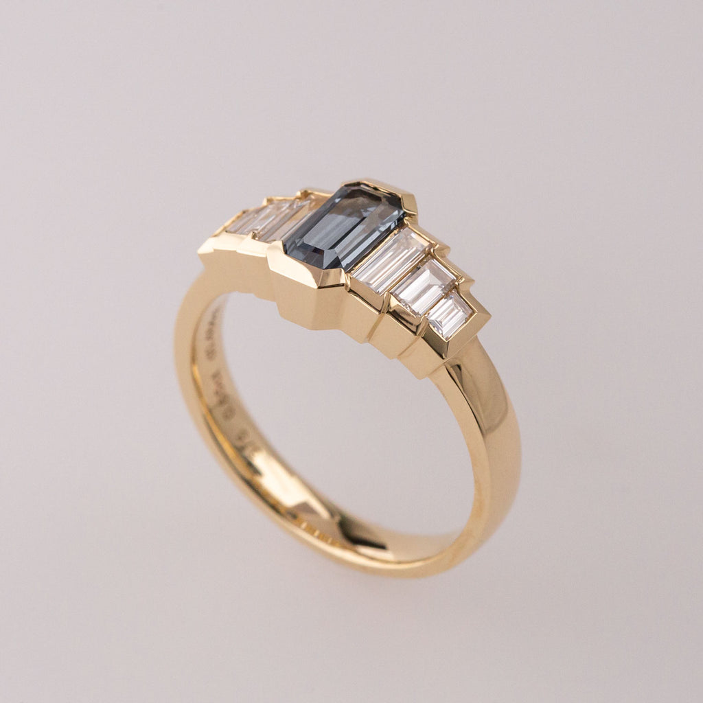 Hall of Mirrors ring with Stormy Grey Spinel and Lab Diamonds in 9 carat Gold