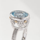 7.97 carat Aquamarine Oval Seahorse Temple ring in Platinum and 9 ct Gold