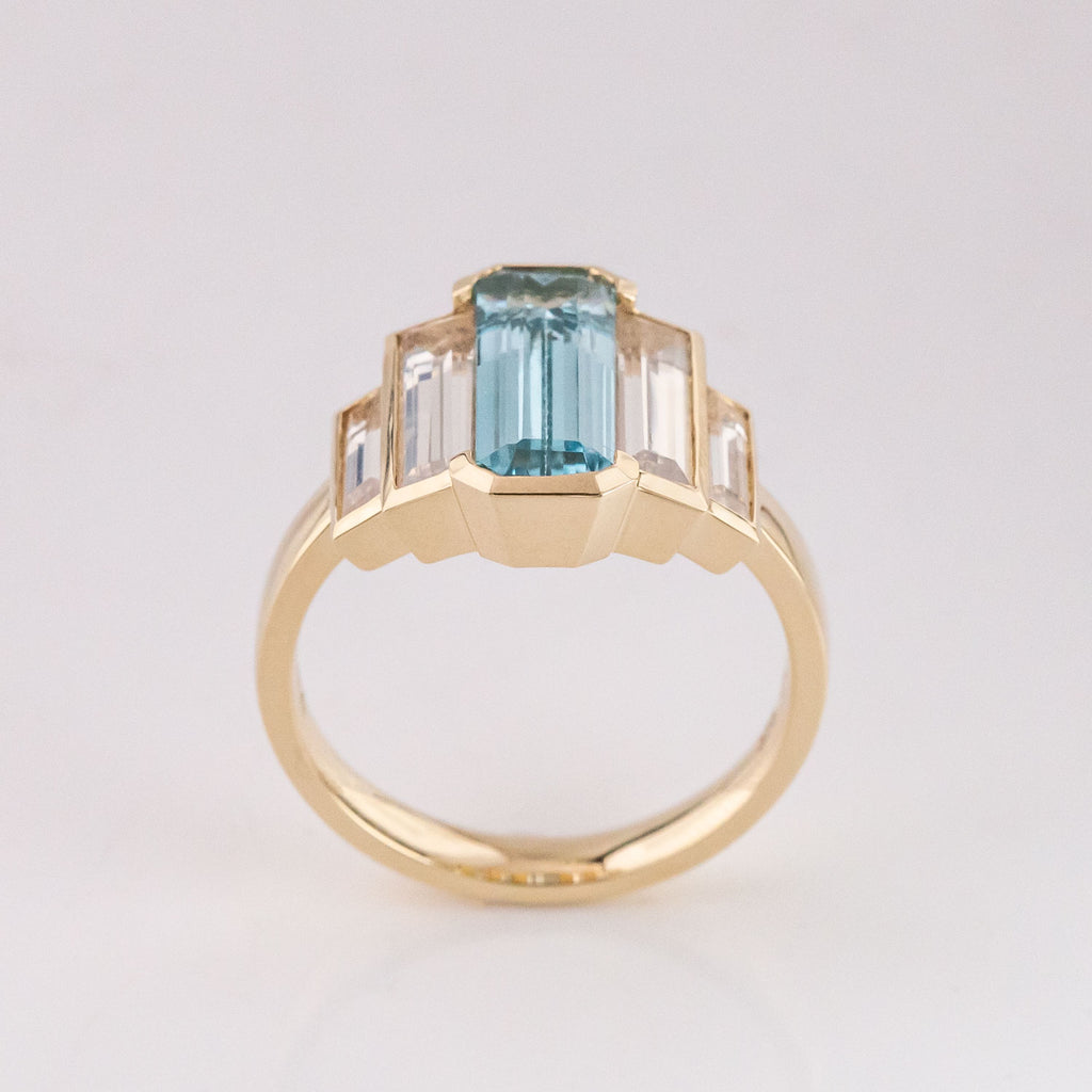 Aquamarine and Misty Quartz Refraction ring in 9 carat Gold