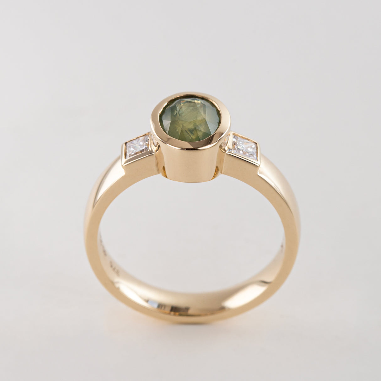 Opalescent Moss Green Sapphire Memories Ring in Gold with Diamonds