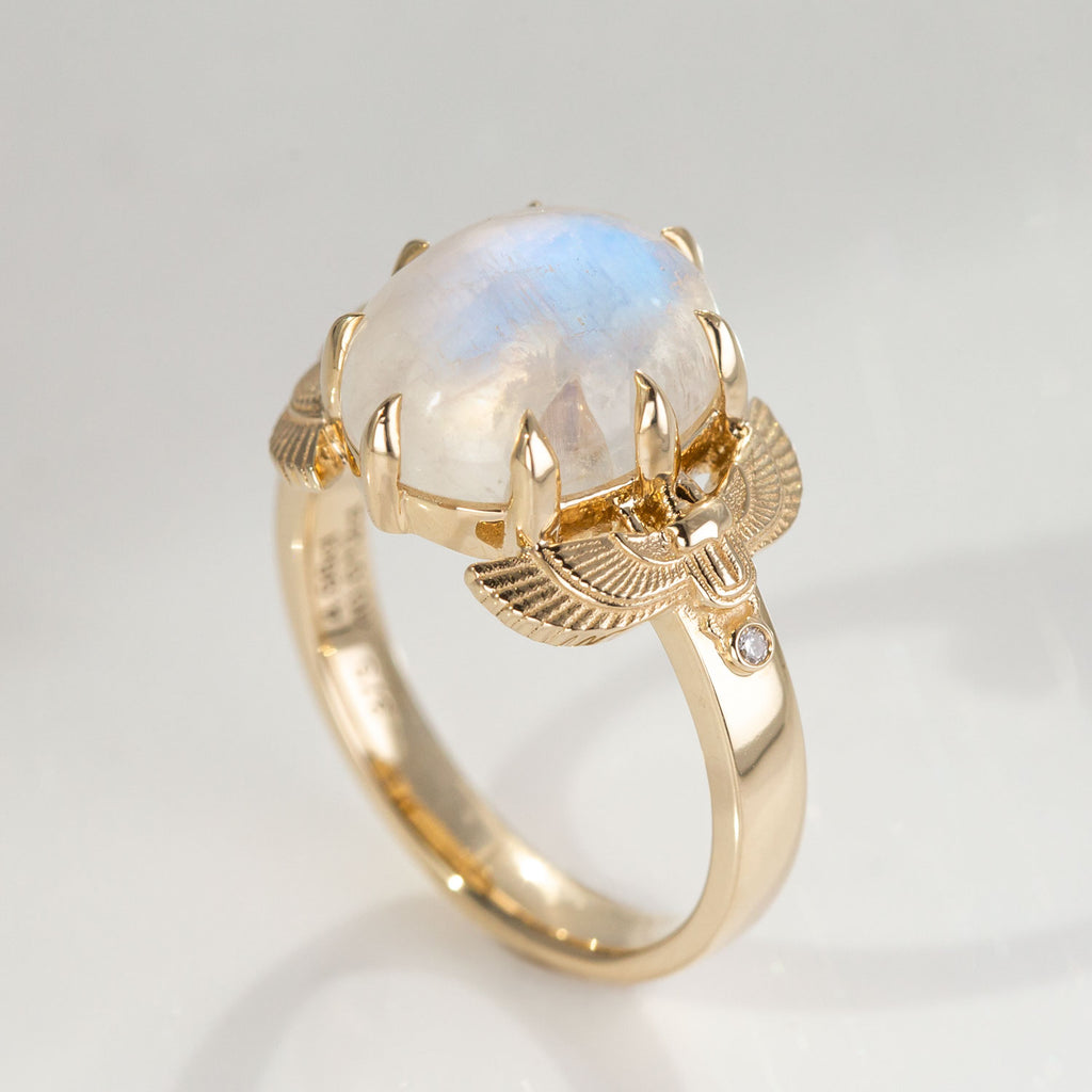 4.98 carat Rainbow Moonstone Scarab ring with Diamonds in 9 carat Gold