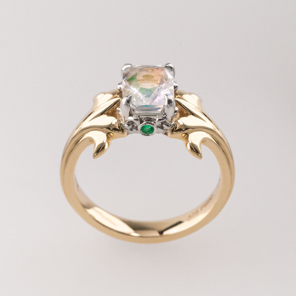 Peach Moonstone ring with Emeralds in 9 ct Gold and Platinum