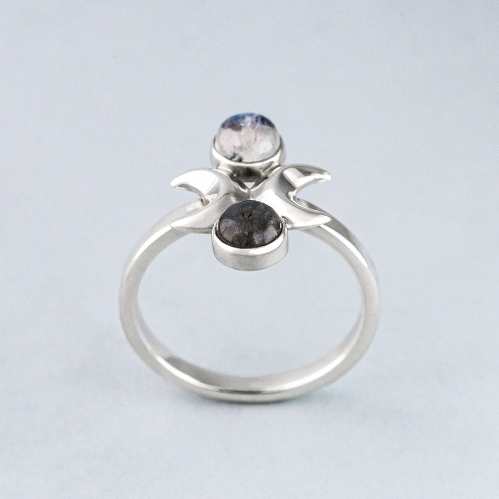 Moon Phase Ring in Sterling Silver with Labradorite and Rainbow Moonstone