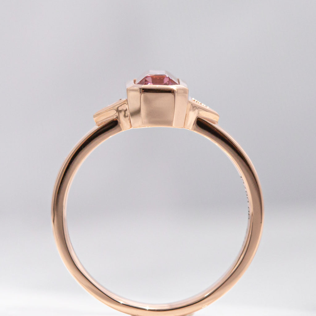 Pink Fade Tourmaline Twin Trillion ring in 9 carat Pink Gold