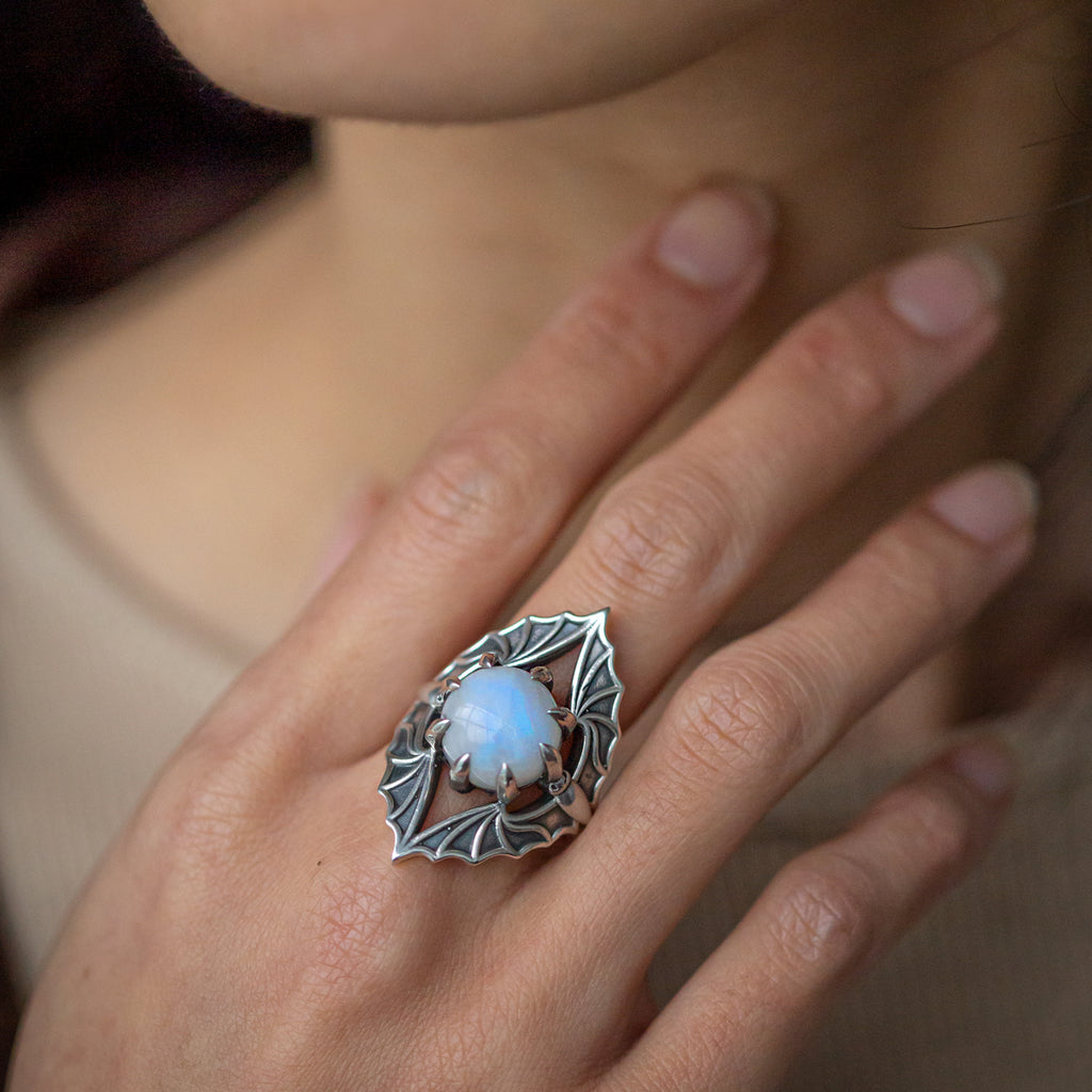 Vampire Bat Ring in Sterling Silver with Rainbow Moonstone