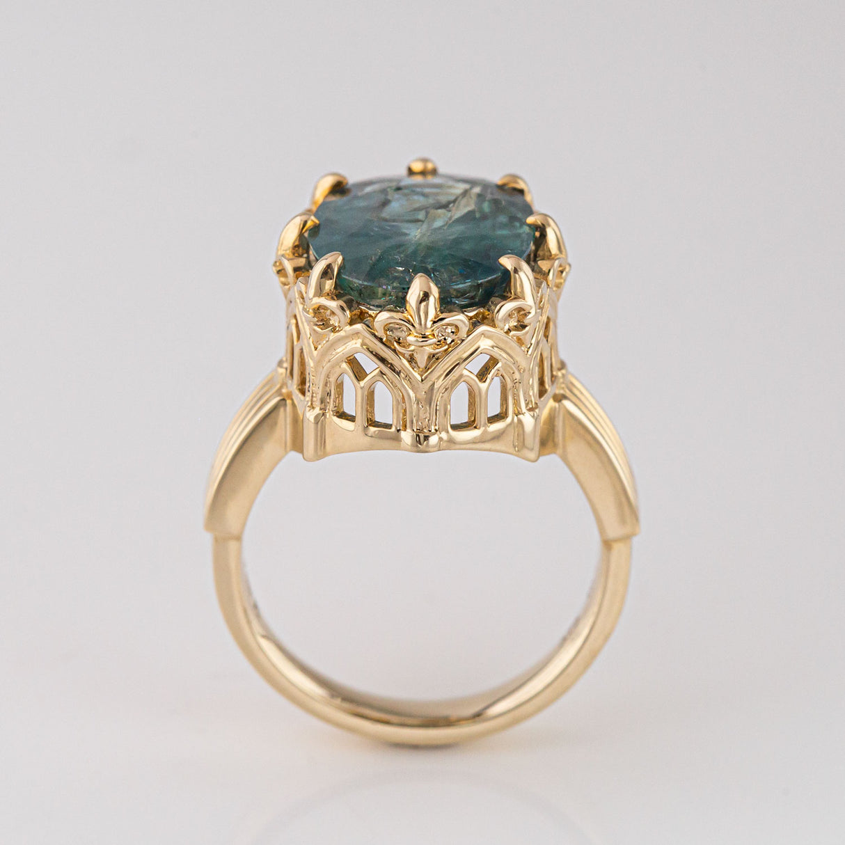 Stormy Sea Blue Sapphire Cathedral Archway ring in 9 carat Gold