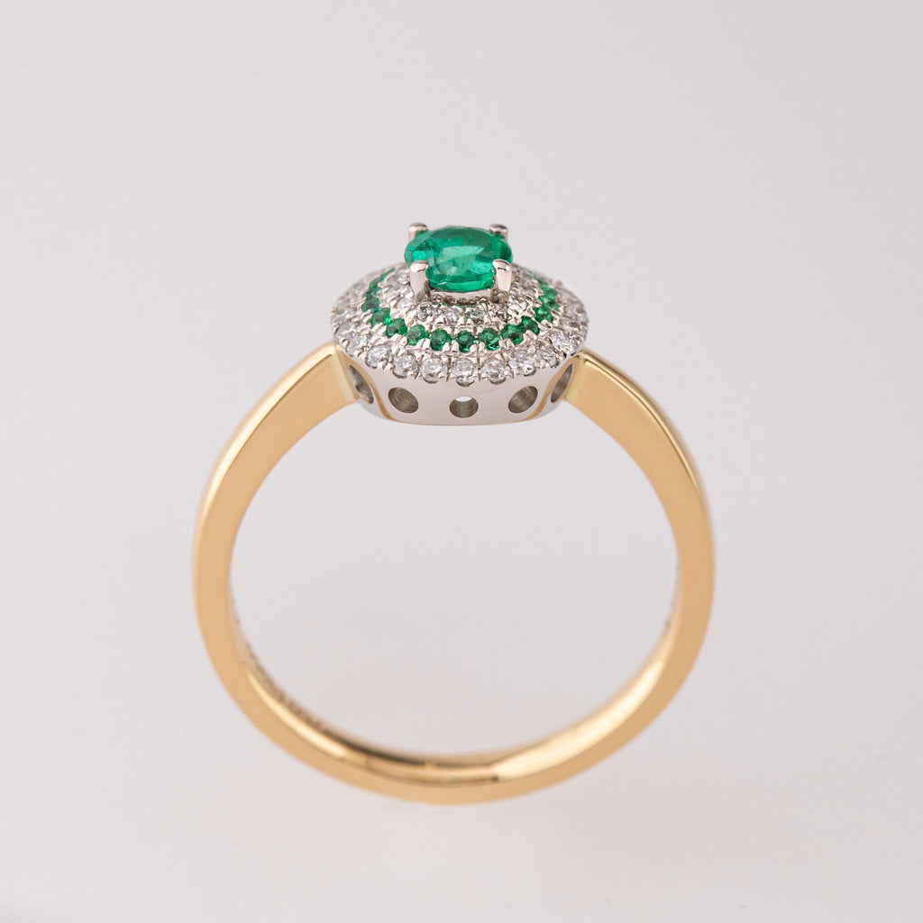 Baby UFO ring with Emeralds and Diamonds in Platinum and 18 carat Gold