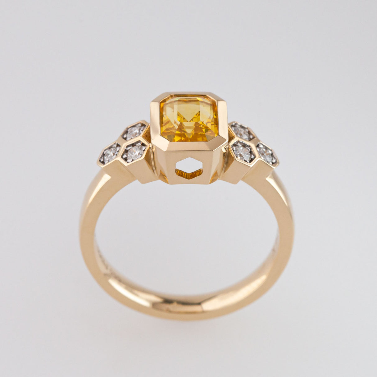 Yellow Sapphire and Diamond Honeycomb Ring in 14 carat Yellow Gold