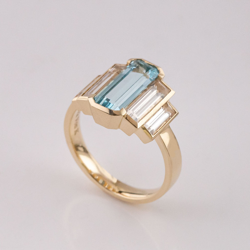 Aquamarine and Misty Quartz Refraction ring in 9 carat Gold