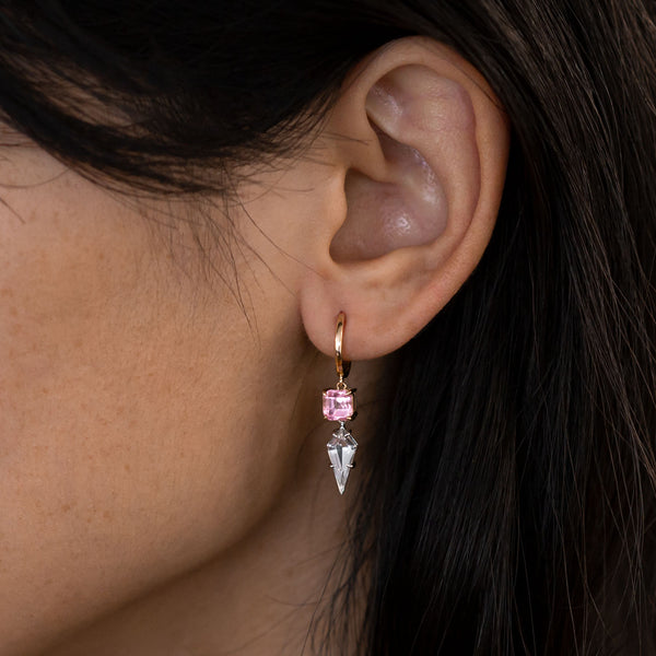 Light Pink Tourmaline Crystal Palace earrings in 9 carat Yellow Gold and Platinum