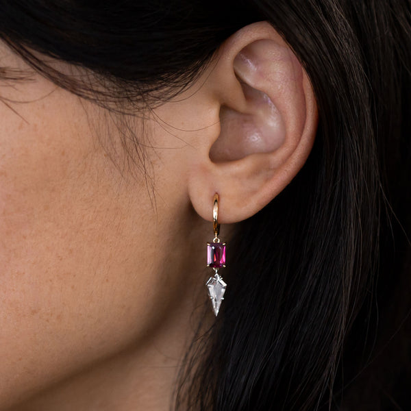 Dark Pink Tourmaline Crystal Palace earrings in 9 carat Yellow Gold and Platinum