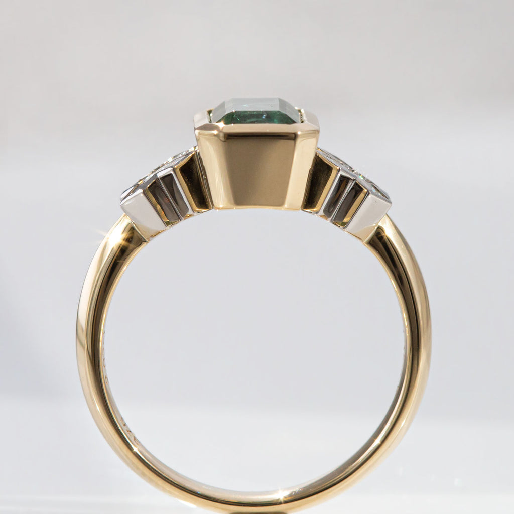 2.02 carat Blue to Green Tourmaline Kiss Kiss ring in Platinum and 9 carat Gold