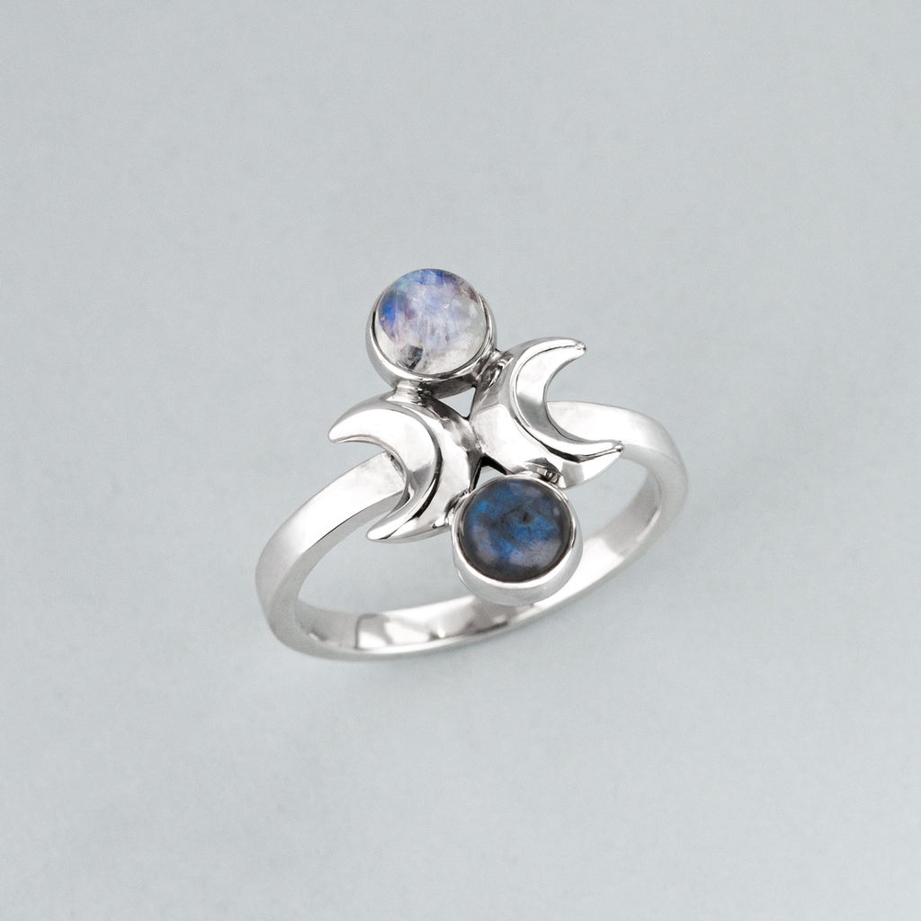 Moon Phase Ring in Sterling Silver with Labradorite and Rainbow Moonstone