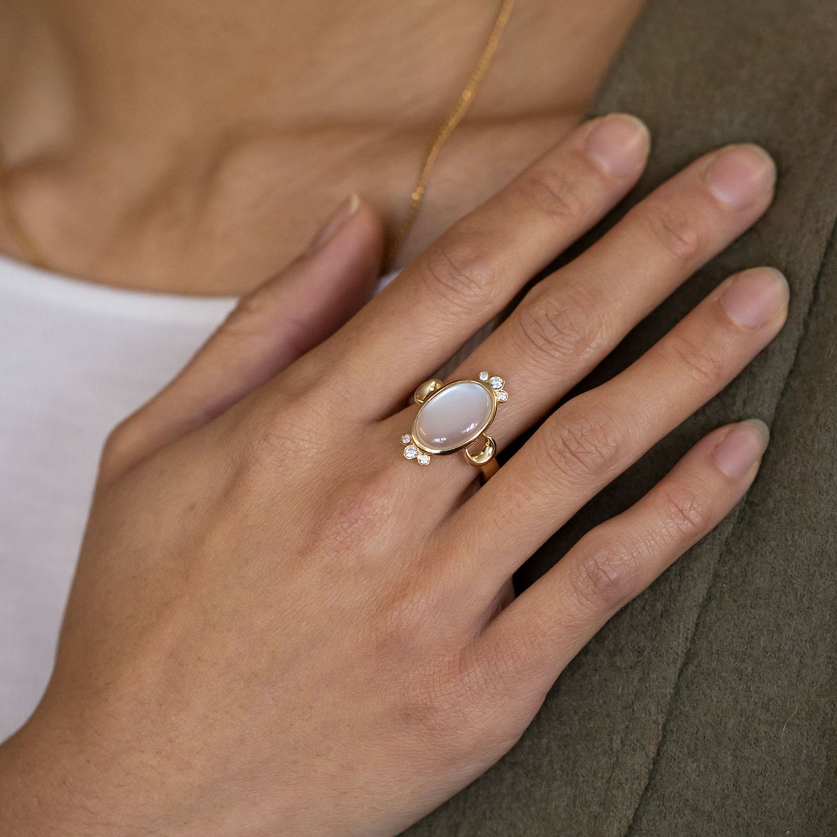 The Moon Queen Ring with White Moonstone and Diamonds in 9 carat Gold