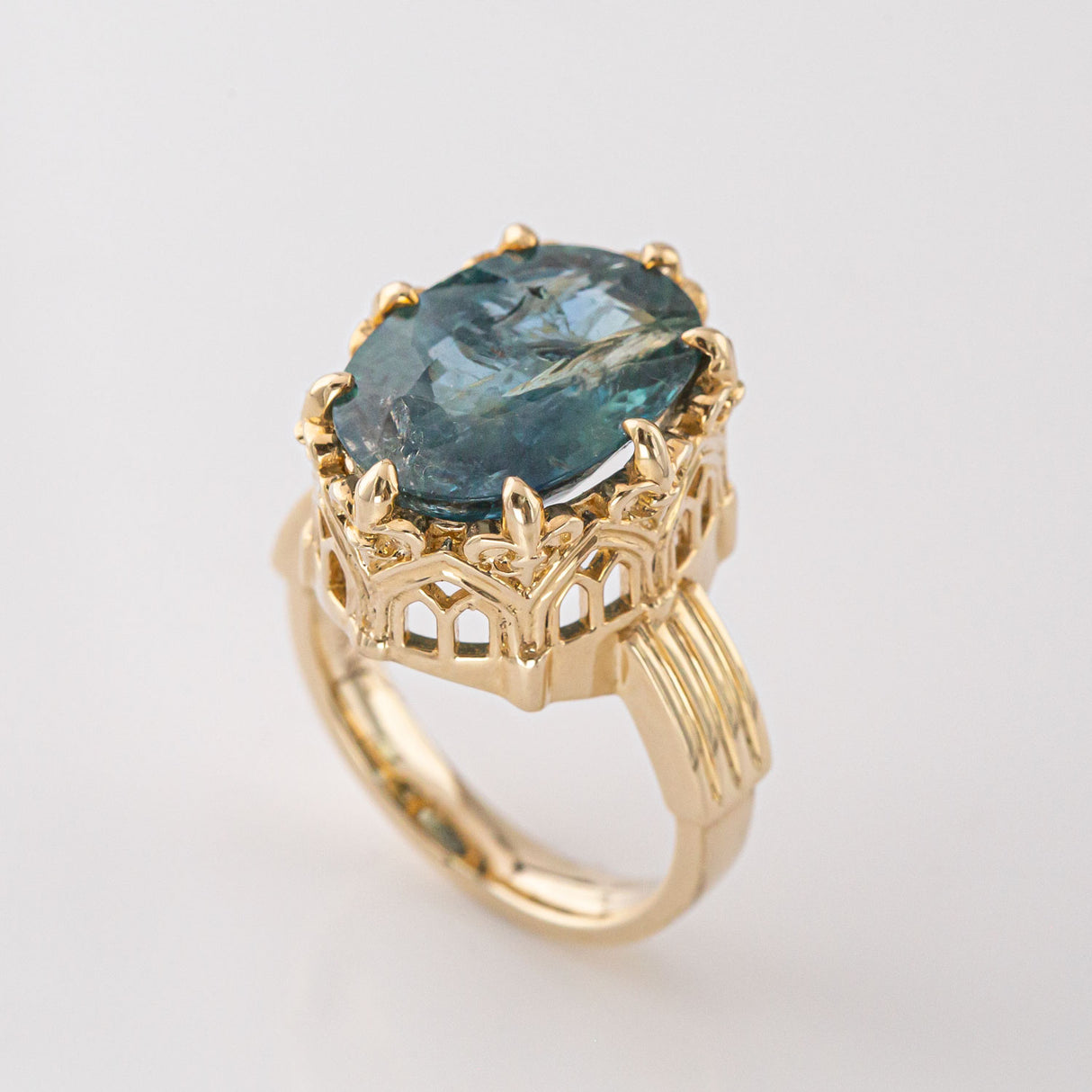 Stormy Sea Blue Sapphire Cathedral Archway ring in 9 carat Gold