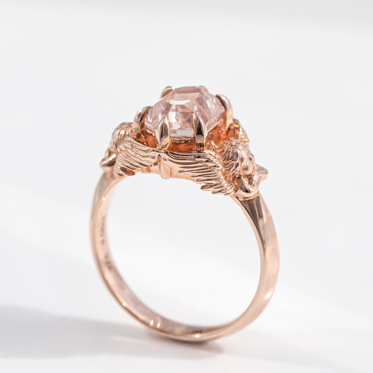 3 carat White Sapphire Twin Cherub ring in 9 carat Pink Gold