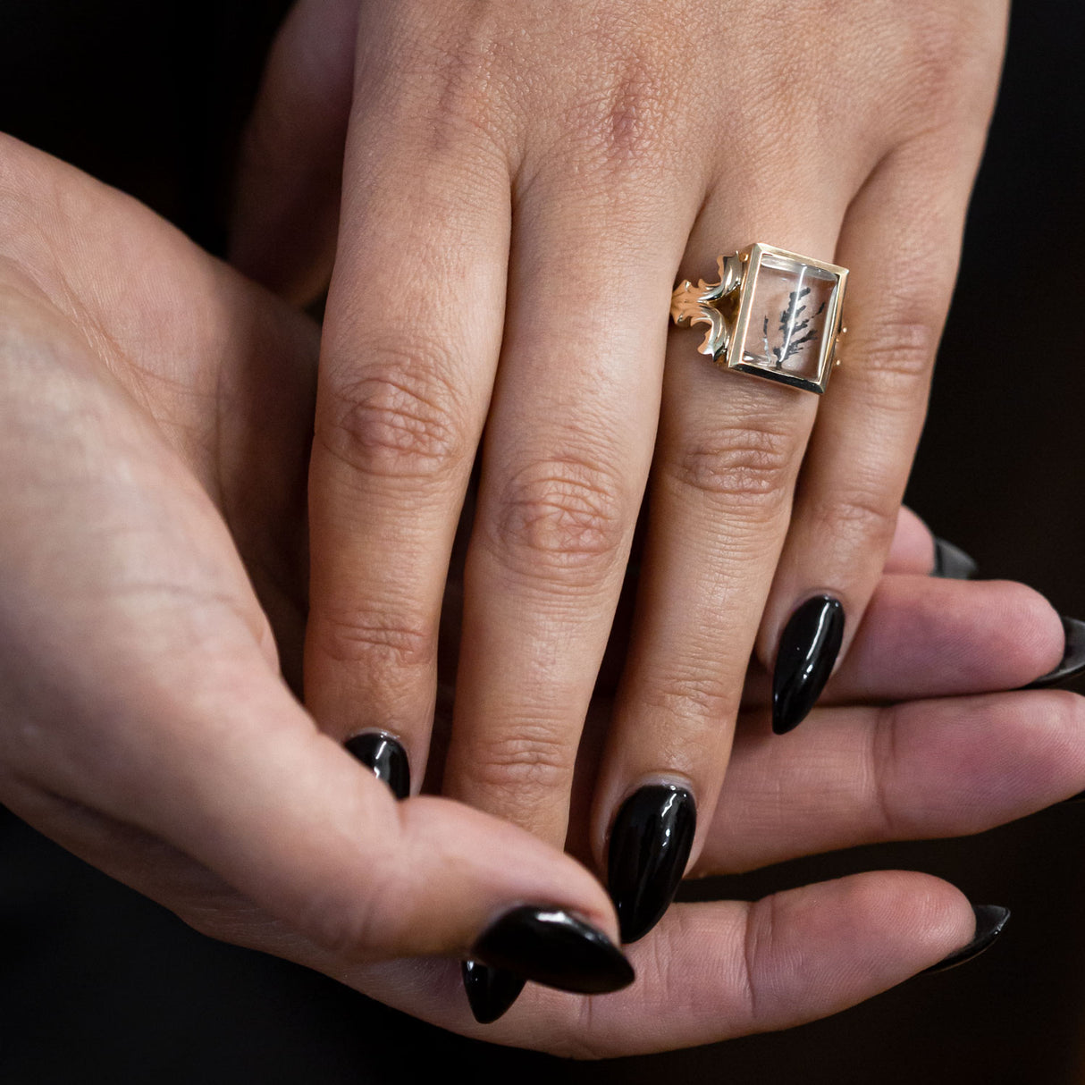 Black Tree Quartz Flourish ring in 9 carat Gold