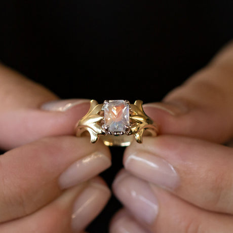 Peach Moonstone ring with Emeralds in 9 ct Gold and Platinum