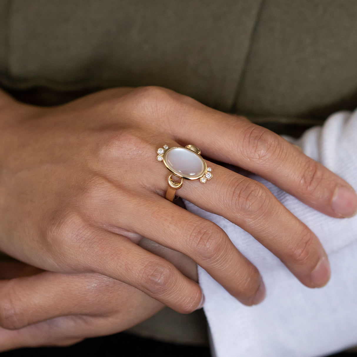 The Moon Queen Ring with White Moonstone and Diamonds in 9 carat Gold