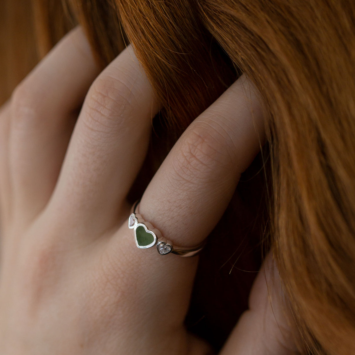 Lovebug ring with Pounamu and Cubic Zirconia in Sterling Silver