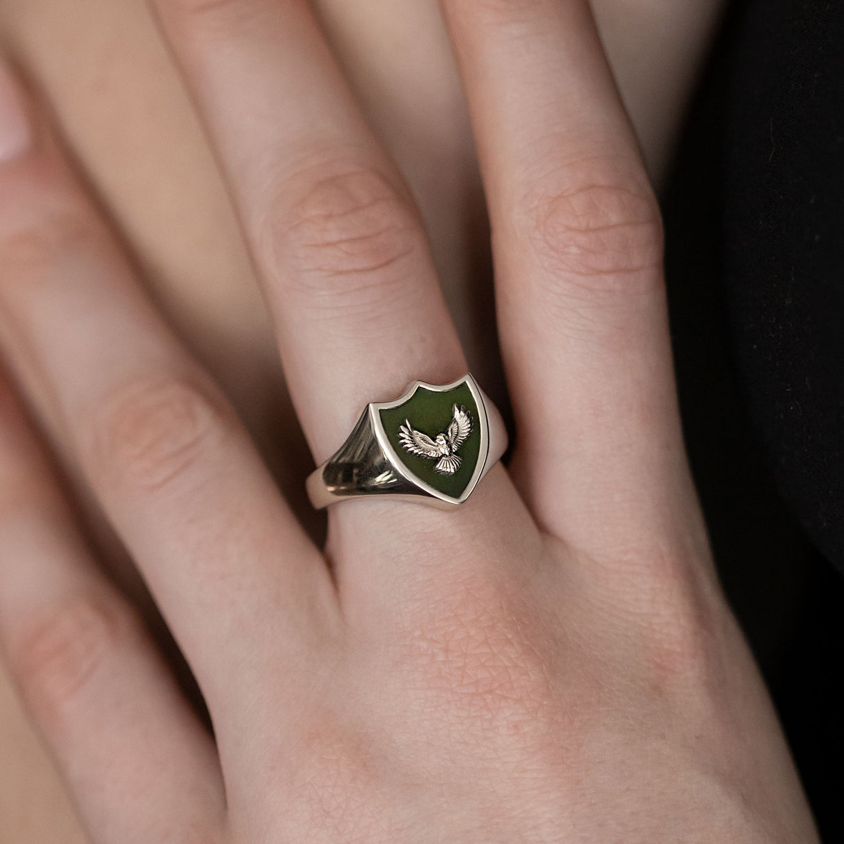 Pounamu Owl Crest Signet Ring in Sterling Silver