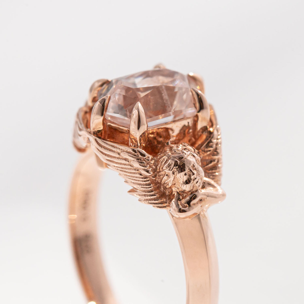 3 carat White Sapphire Twin Cherub ring in 9 carat Pink Gold