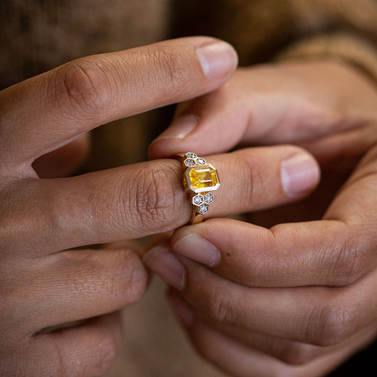 Yellow Sapphire and Diamond Honeycomb Ring in 14 carat Yellow Gold