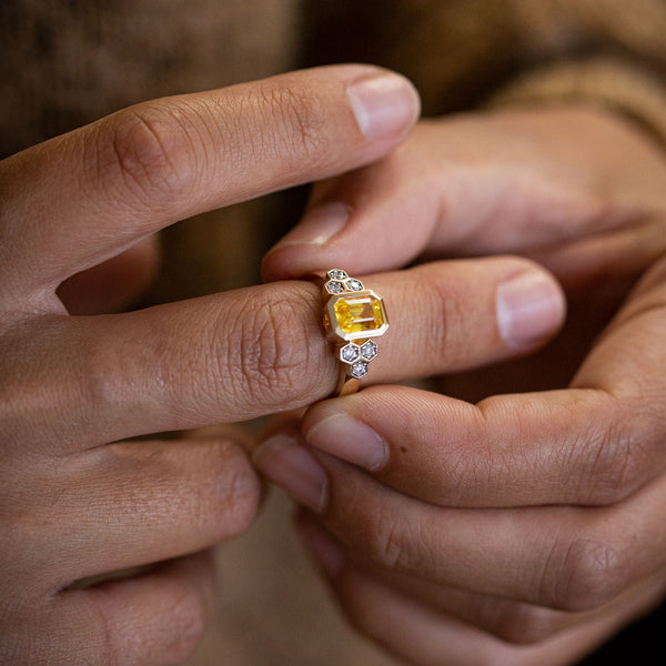 Yellow Sapphire and Diamond Honeycomb Ring in 14 carat Yellow Gold