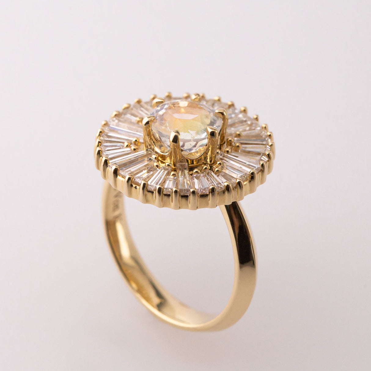 Renaissance Ruffle ring with Diamonds and Rainbow Moonstone in 9 carat Gold