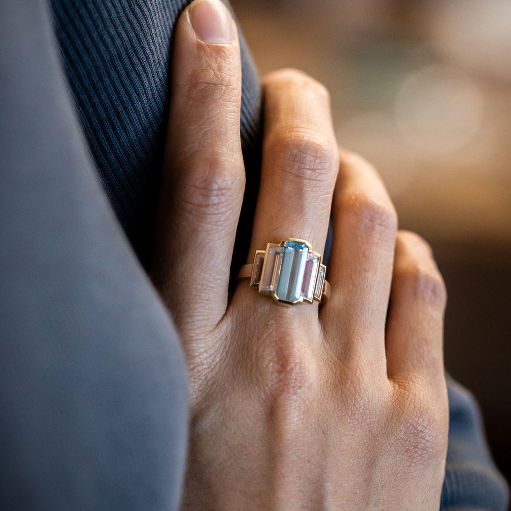 Aquamarine and Misty Quartz Refraction ring in 9 carat Gold