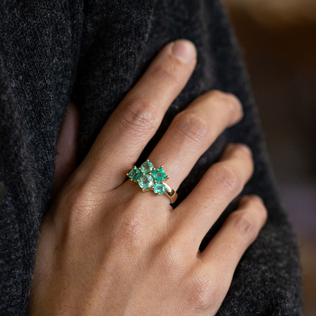 Ice Green Emerald Cluster ring in 9 carat Gold