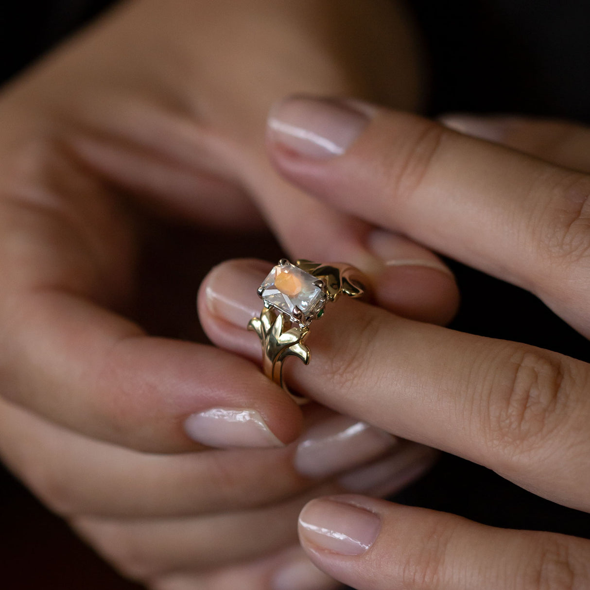 Peach Moonstone ring with Emeralds in 9 ct Gold and Platinum