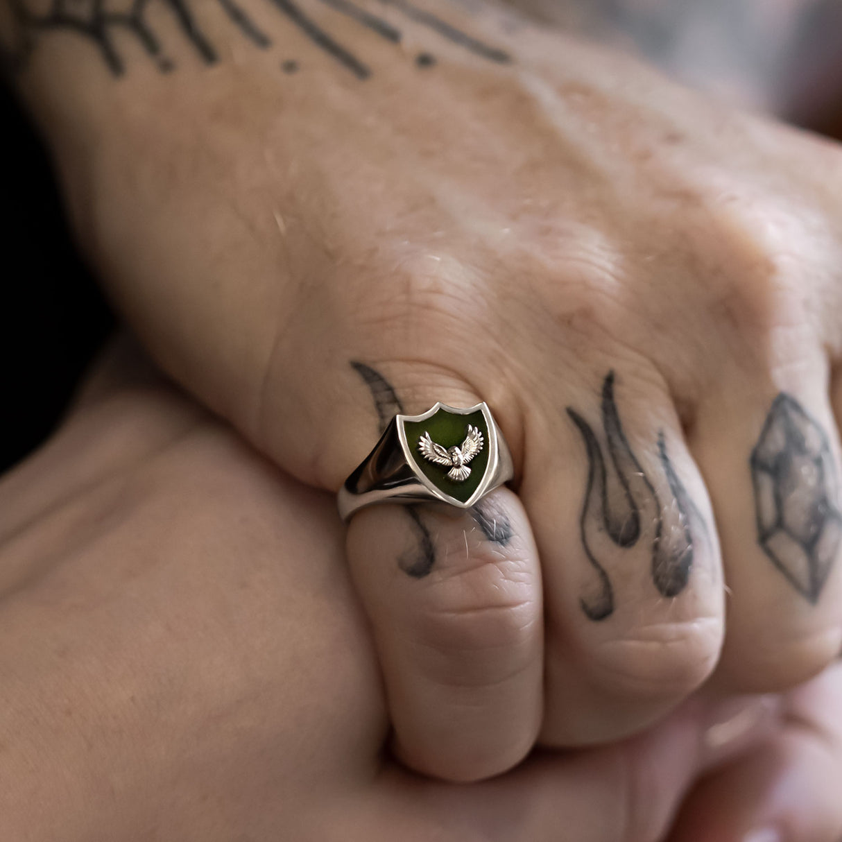 Pounamu Owl Crest Signet Ring in Sterling Silver