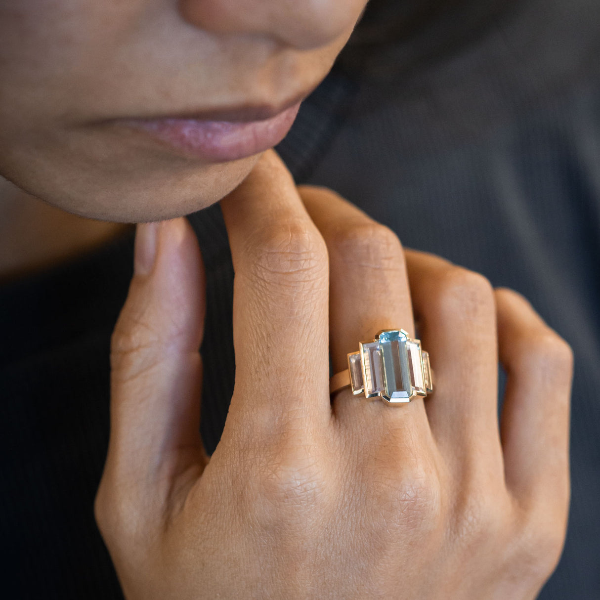 Aquamarine and Misty Quartz Refraction ring in 9 carat Gold