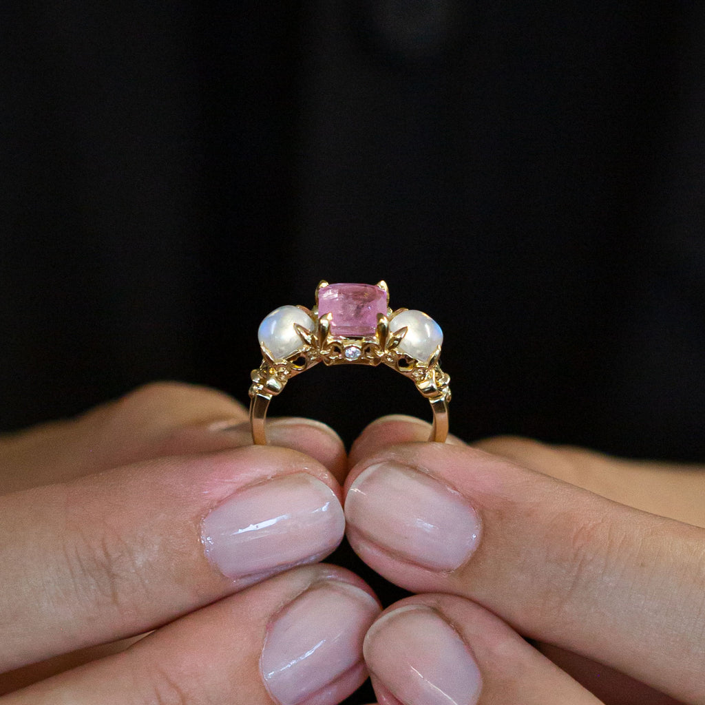 Pink Sapphire Candyland Ring with Rainbow Moonstones and Diamonds in 9 carat Gold