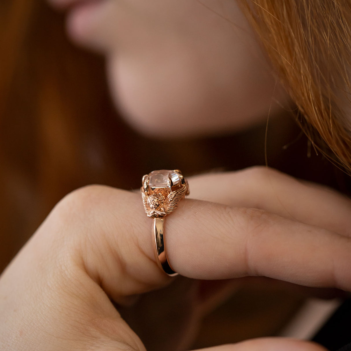 3 carat White Sapphire Twin Cherub ring in 9 carat Pink Gold