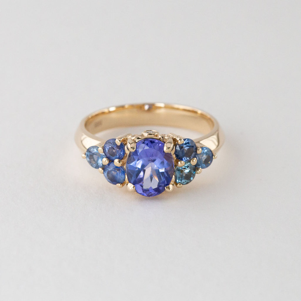 Bluebell Bouquet ring with Tanzanite and Sapphire in 14ct Yellow Gold