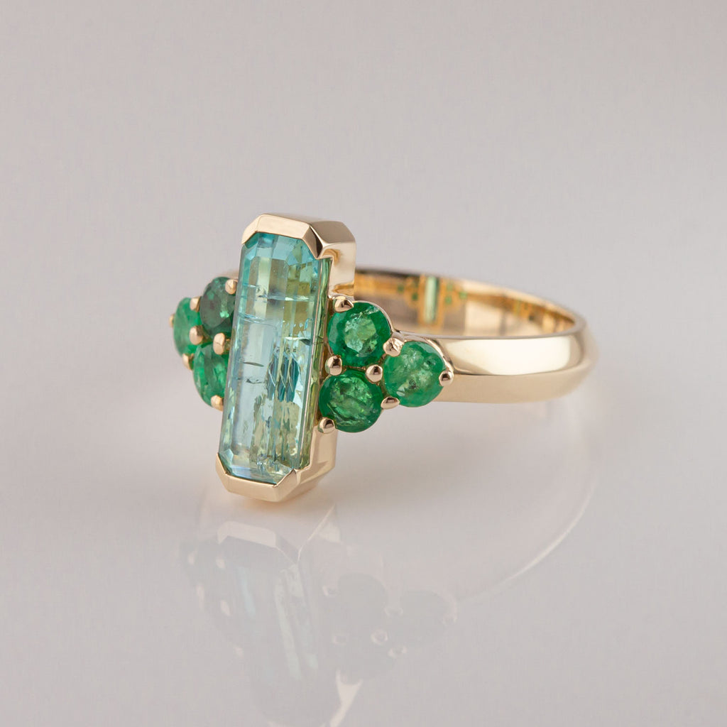 Tourmaline and Emerald Hidden Lagoon ring in 9 carat Gold