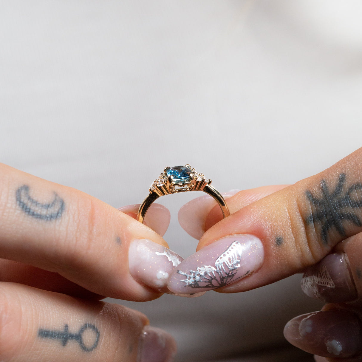 Frosted Bluebell Ring with Aquamarine & Diamonds