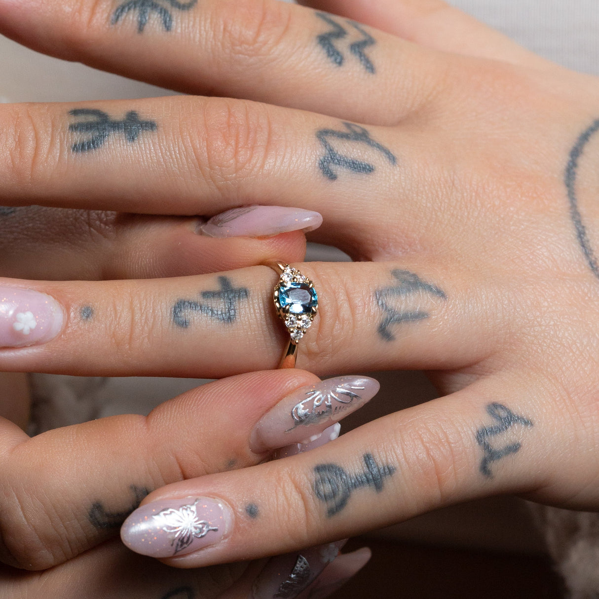 Frosted Bluebell Ring with Aquamarine & Diamonds