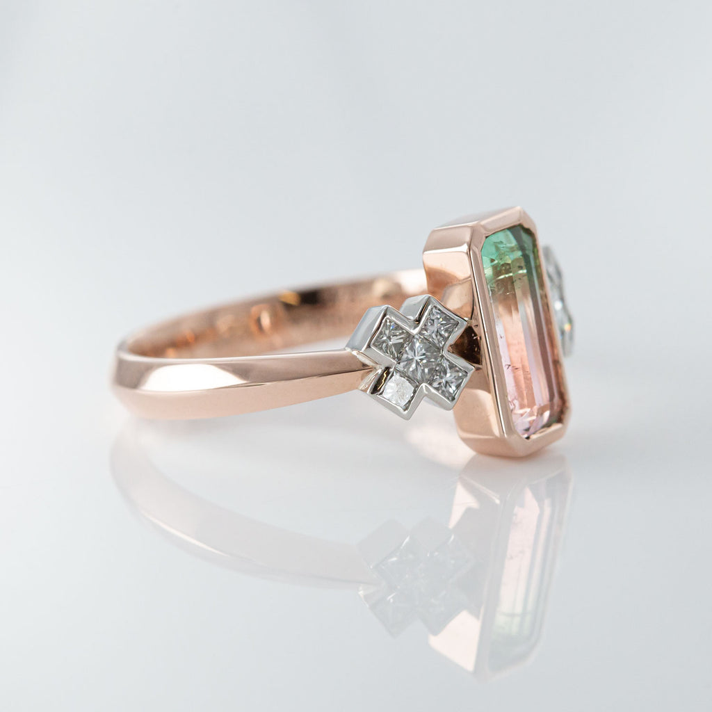 Watermelon Tourmaline and Diamond Kiss Kiss ring in 9 carat Pink Gold and Platinum